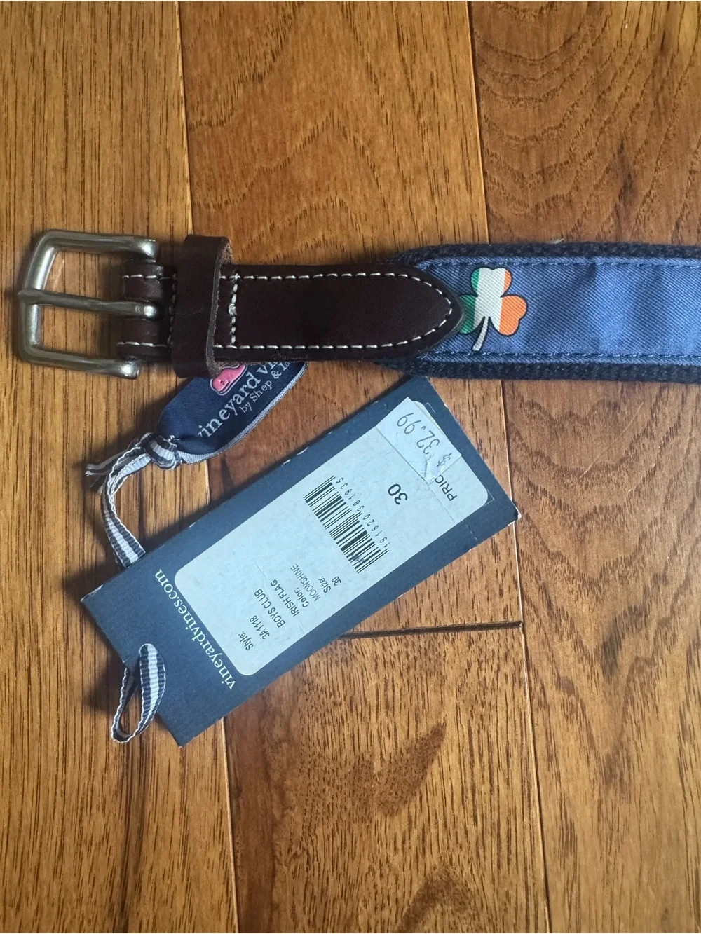 Vineyard Vines Navy Cotton Belt with Irish Flag Clover Accent